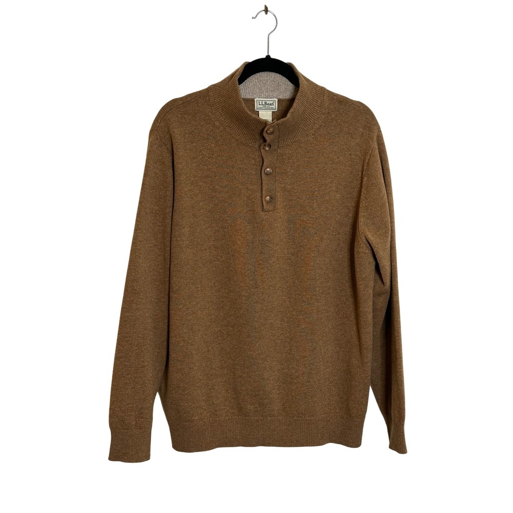 Vintage L.L. Bean Lambs' Wool Mock Neck Button Pullover Sweater Size L REG Brown